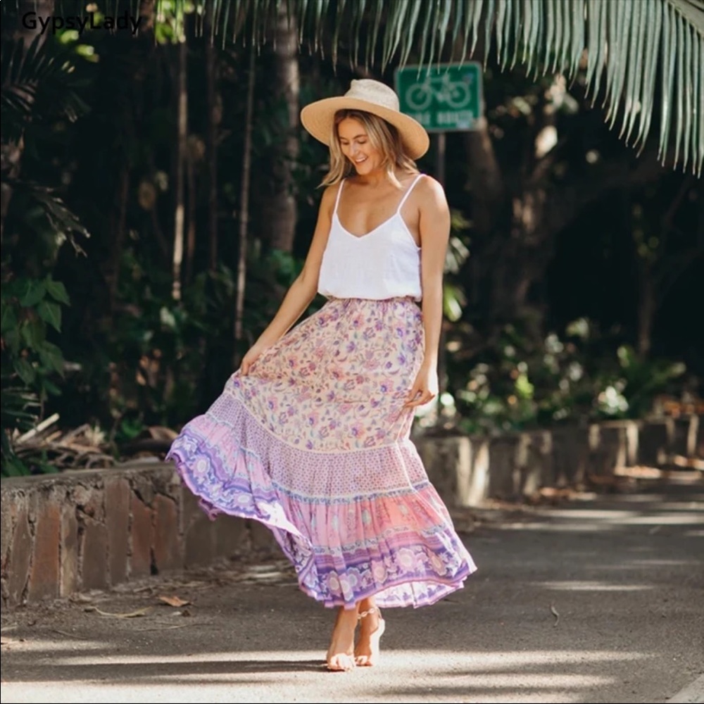 Boho Gypsy Floral Print Maxi Skirt Purple Pink - Picture 3 of 12